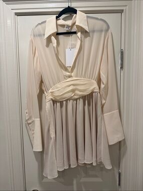 Helsa Revolve Sheer Mini Shirt Dress Cream Pleated Waist